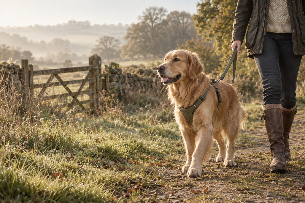 Golden retriever wearing an olive harness on a quiet countryside walk