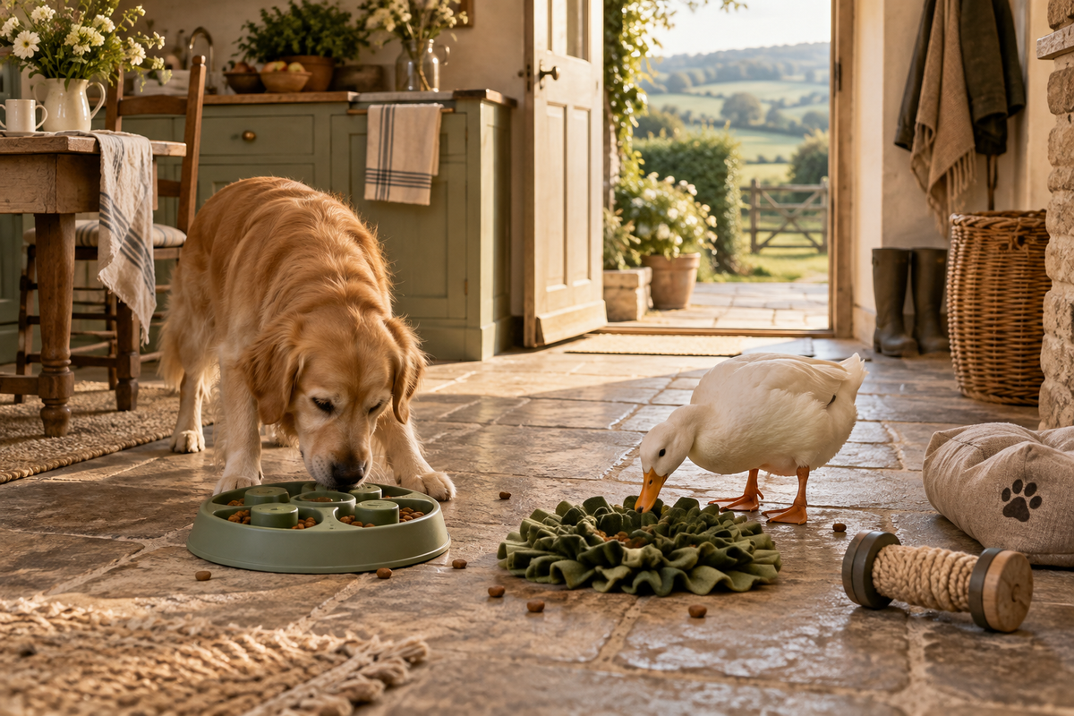 Golden retriever using a slow feeder beside a duck exploring a snuffle mat in a warm Willowmere farmhouse kitchen