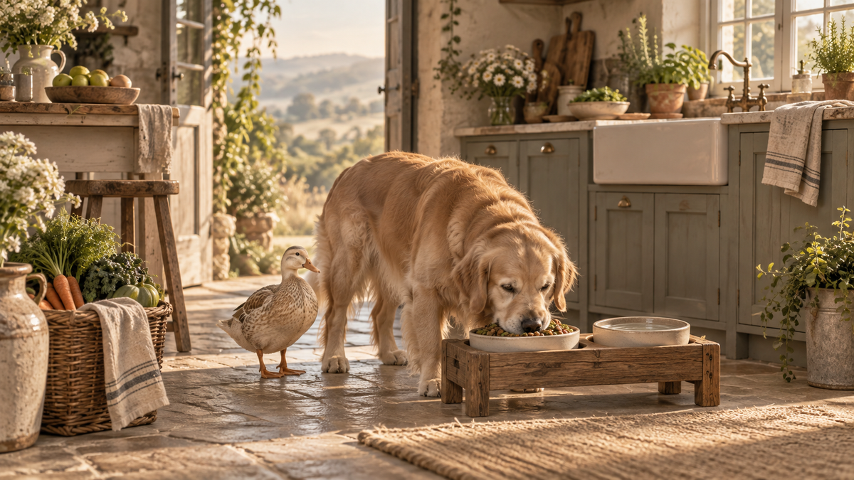 Golden retriever eating from a raised bowl beside a duck in a rustic Willowmere kitchen