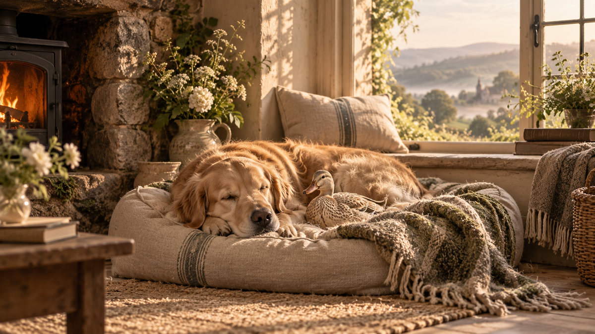 Golden retriever and duck resting together by a warm cottage hearth in Willowmere