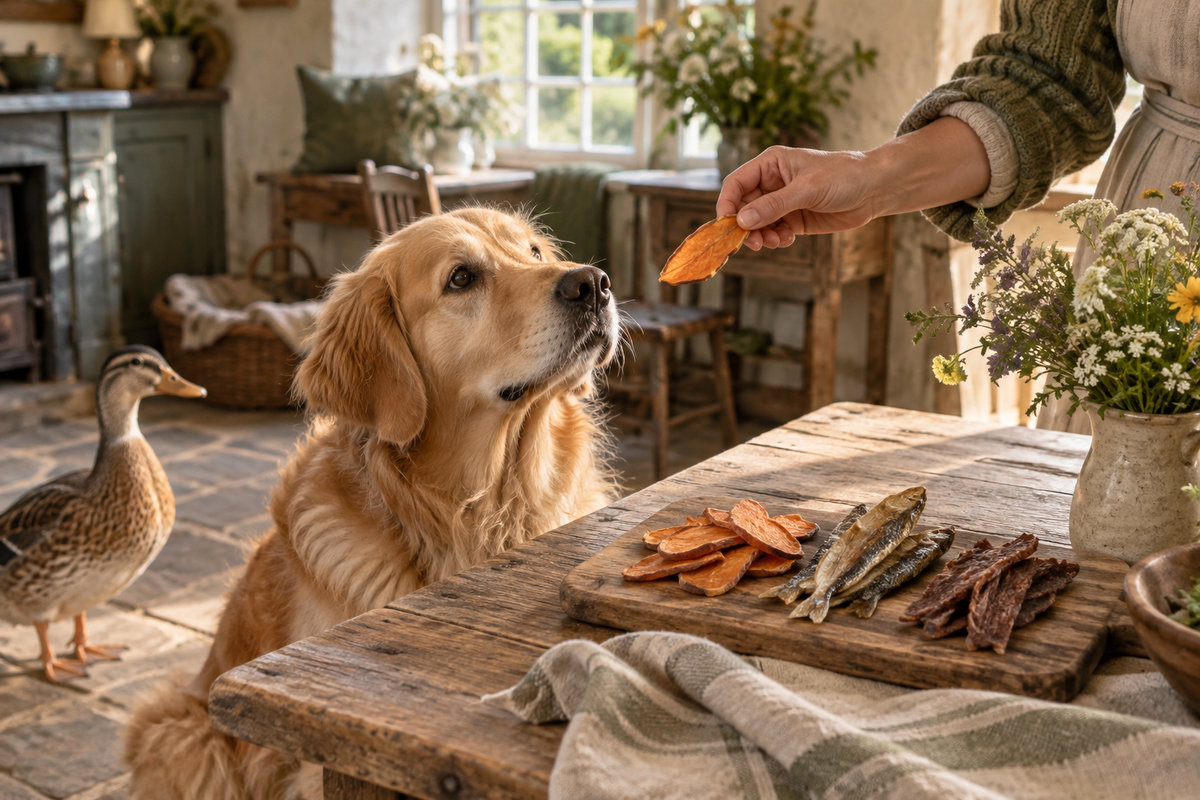 Golden retriever receiving a simple dried treat beside a duck in a warm Willowmere farmhouse kitchen