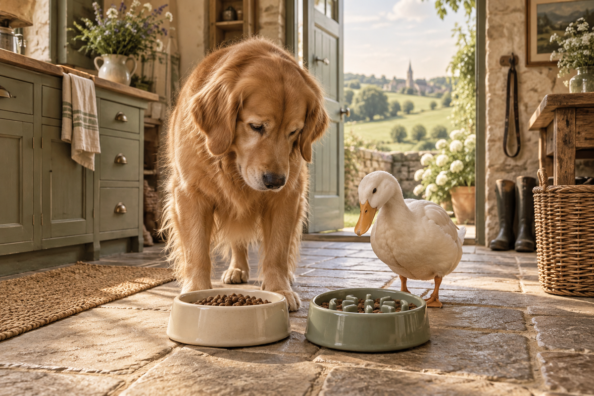 Golden retriever and duck comparing a regular dog bowl with a sage slow feeder in a warm Willowmere farmhouse kitchen