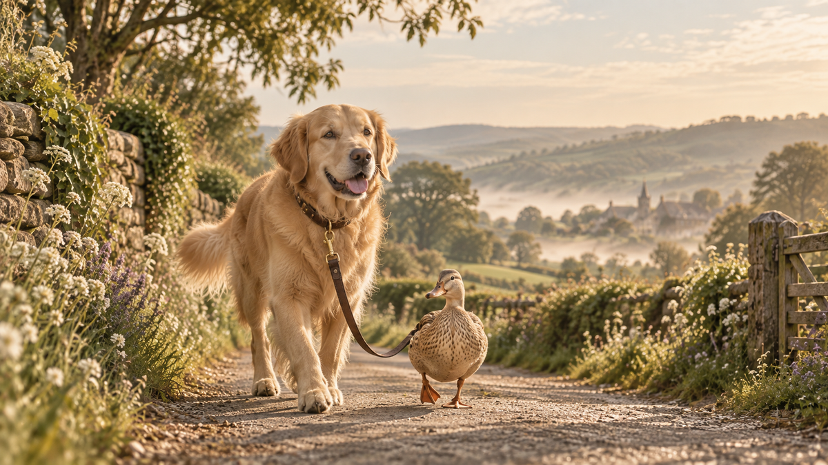Golden retriever and duck walking together down a quiet Willowmere country lane